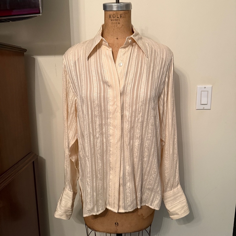 Vintage Jerri Sherman Collection Ivory Silk Mesh Panel Long Sleeve Button Down